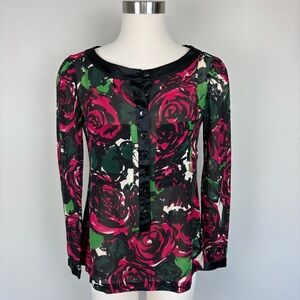 Nanette Lepore NWT Sheer‎ Floral 100% Silk Blouse Top Black Pink Size 2 Romantic